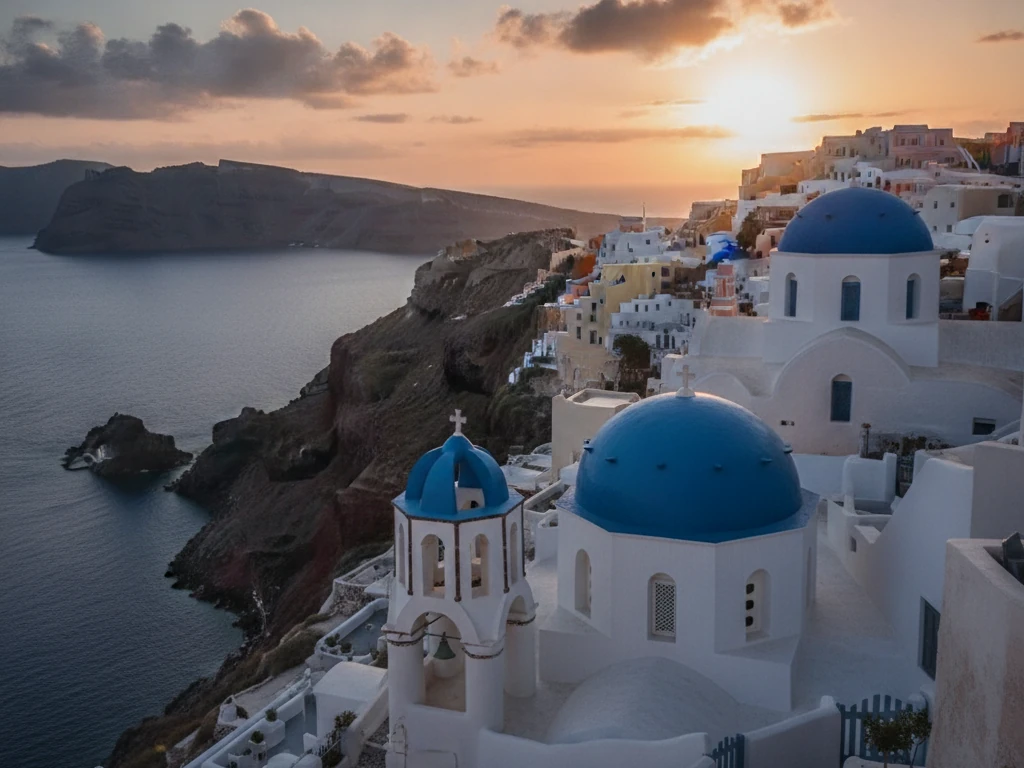 Whitewashed buildings with blue domes overlooking the Santorini caldera at sunset.