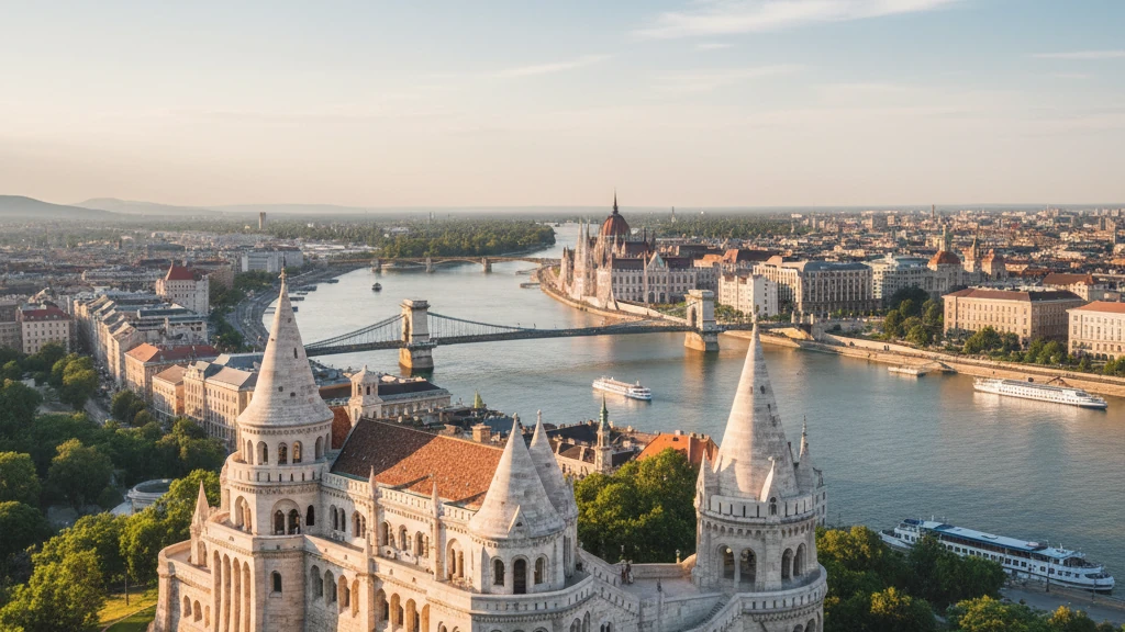 Fisherman's Bastion white towers and turrets overlooking the Danube River in Budapest.