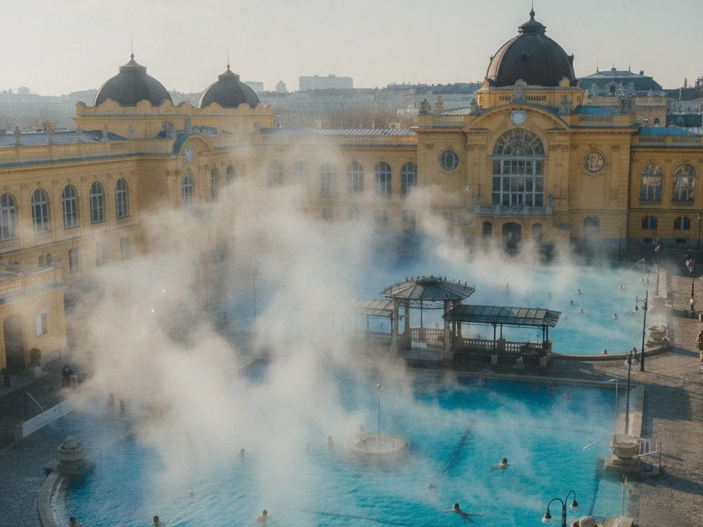 Széchenyi Thermal Bath's bright blue outdoor pools with steam rising, surrounded by yellow buildings.