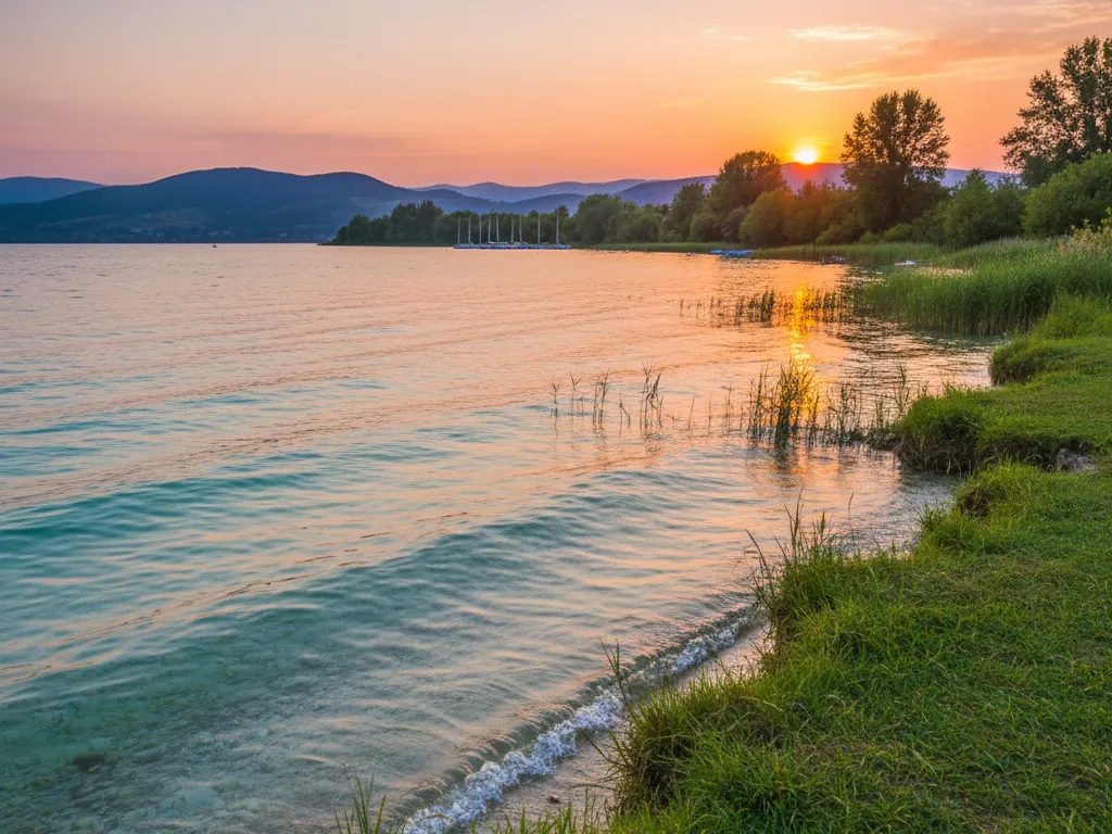 Lake Balaton's shallow turquoise waters meeting green shoreline and distant hills at sunset.