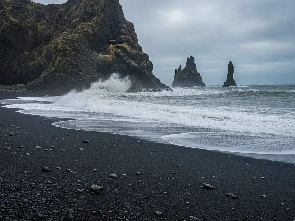 Reynisfjara black sand beach with towering basalt columns and crashing Atlantic waves nearby.