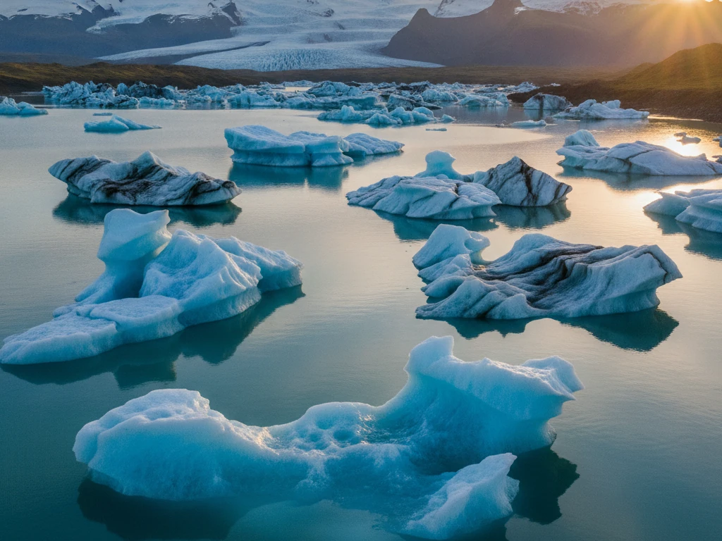 Jökulsárlón glacier lagoon filled with floating blue icebergs under midnight sun.