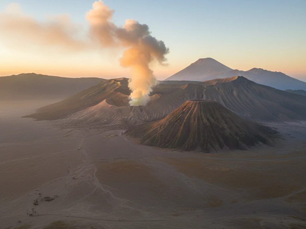 Mount Bromo volcano crater releasing sulfur smoke above vast Sea of Sand caldera.