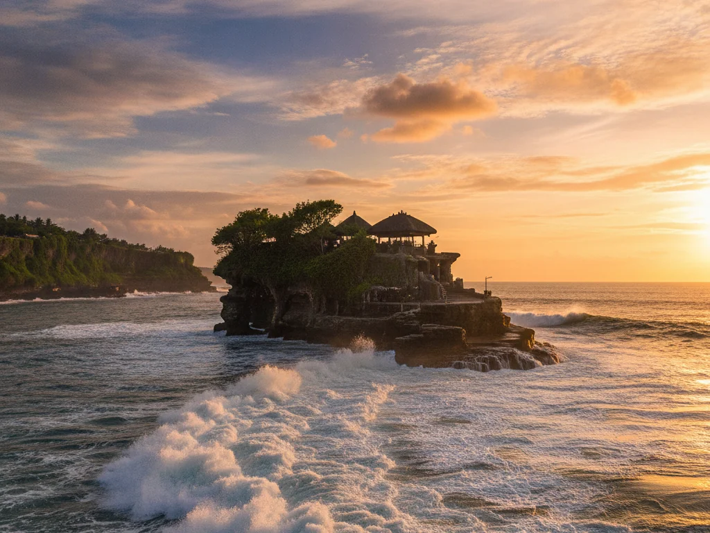 Tanah Lot Temple perched on ocean rock formation surrounded by crashing waves at sunset.