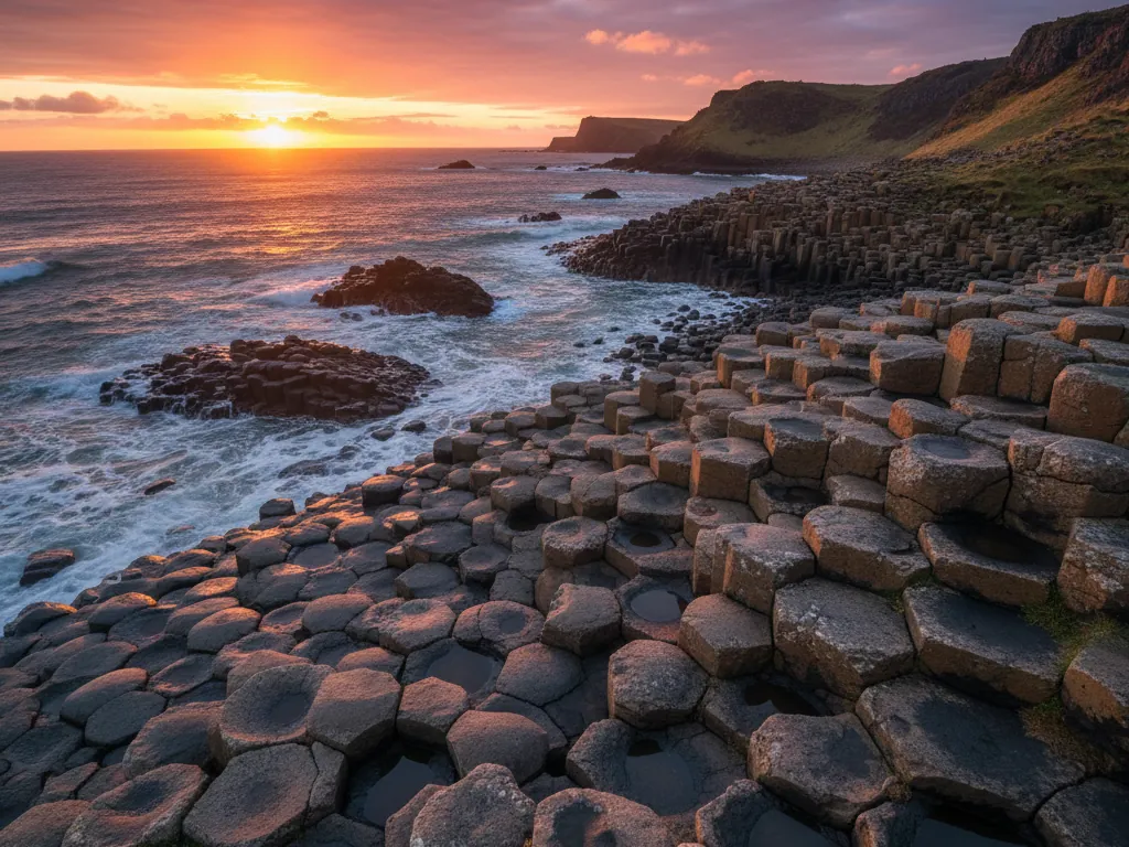 Giant's Causeway hexagonal basalt columns stretching across the rugged Northern Irish coastline at sunset.