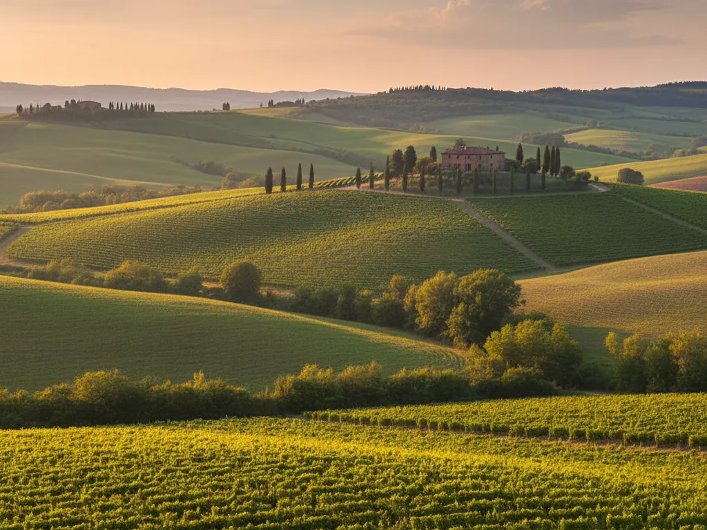 Rolling green hills of Tuscany with cypress trees and vineyards.