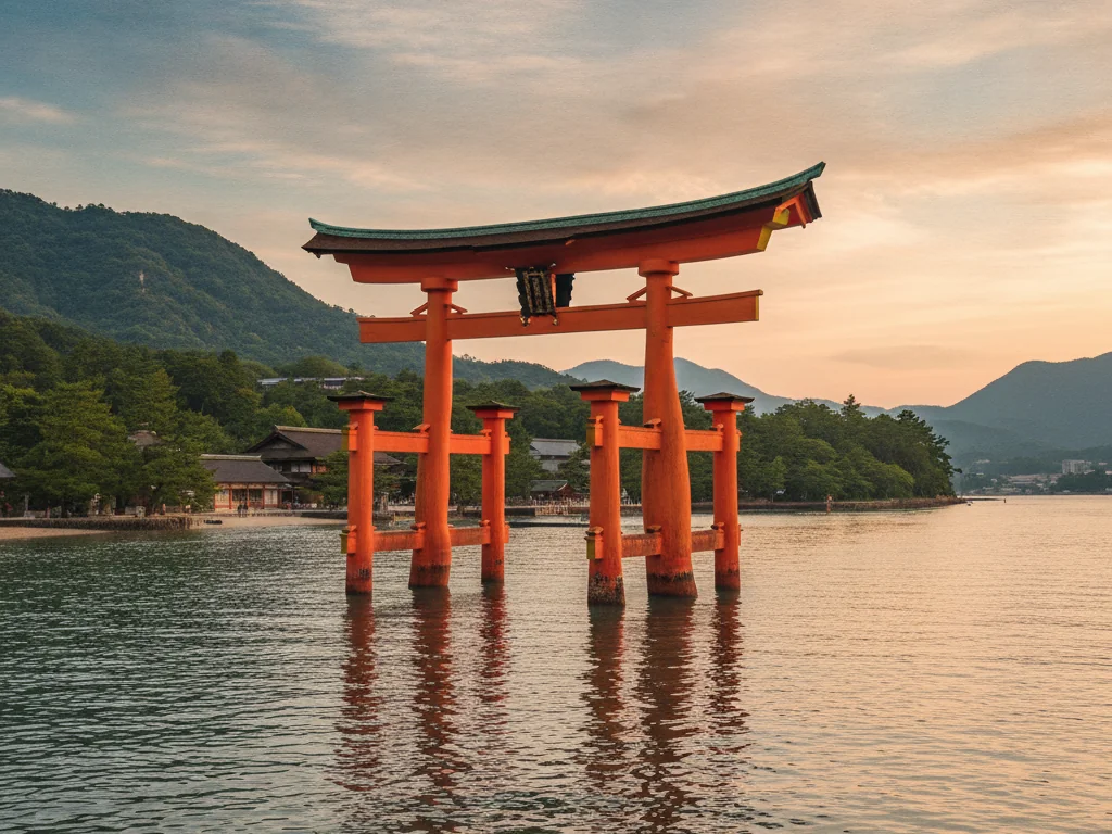 Miyajima Island's floating vermillion torii gate stands in Hiroshima Bay at high tide.