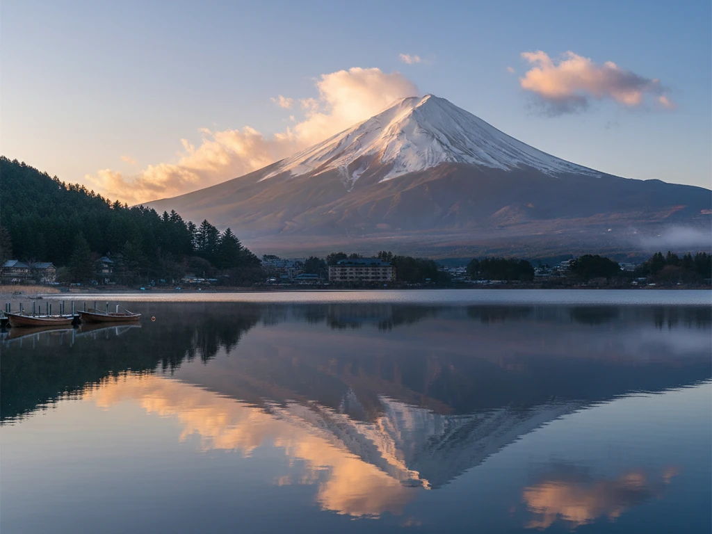Mount Fuji's snow-capped peak rises above Lake Kawaguchi's mirror-still morning waters.