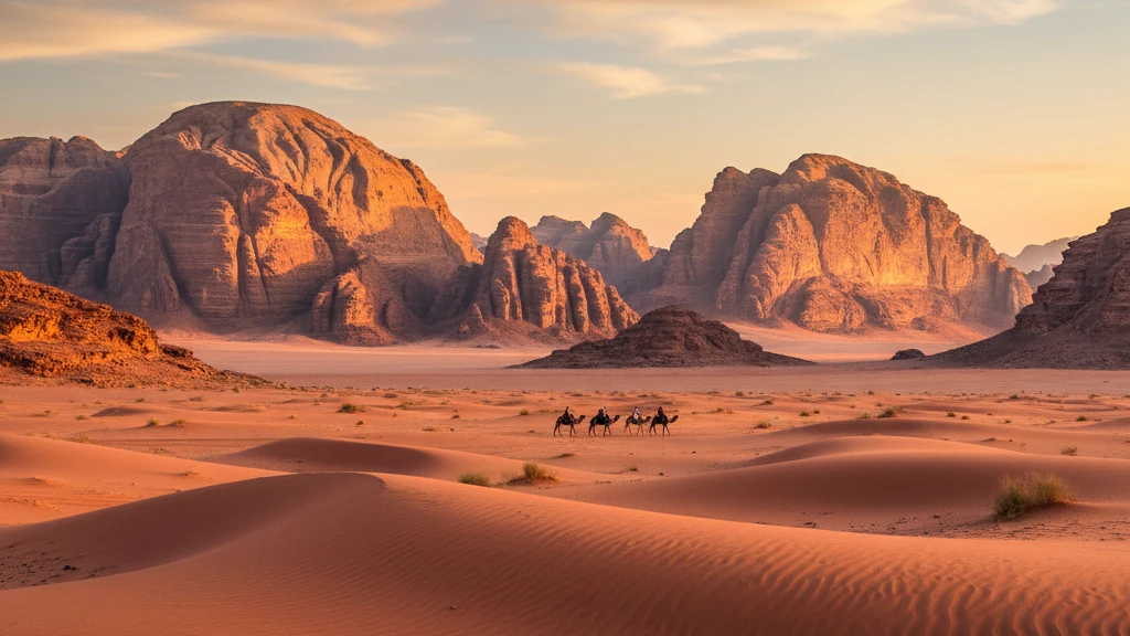 Wadi Rum's vast desert with dramatic red sand dunes and rock formations.