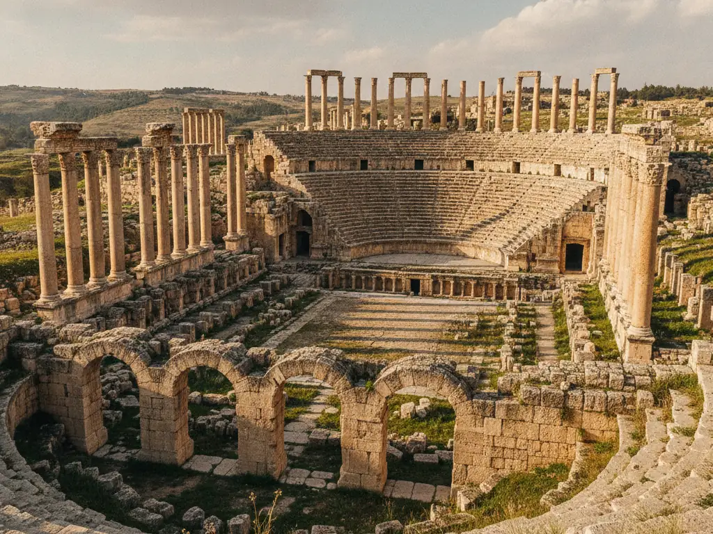 Roman ruins of Jerash with standing columns and ancient stone amphitheater.