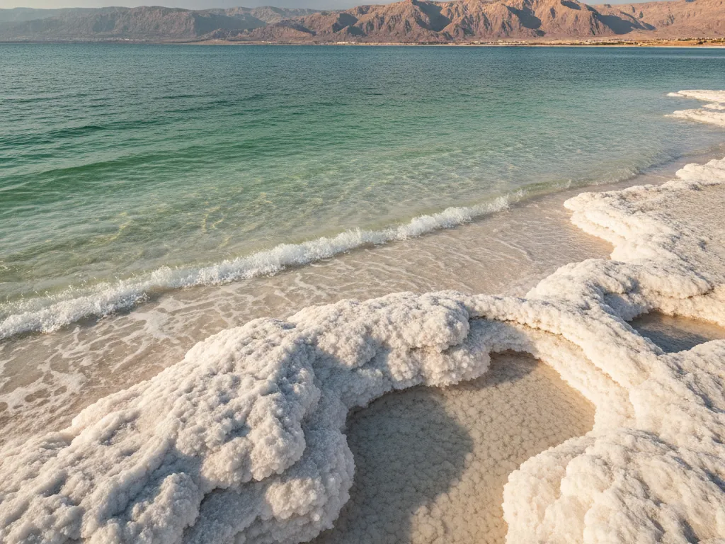 The Dead Sea's mineral-rich turquoise waters meeting white salt-crusted shores.