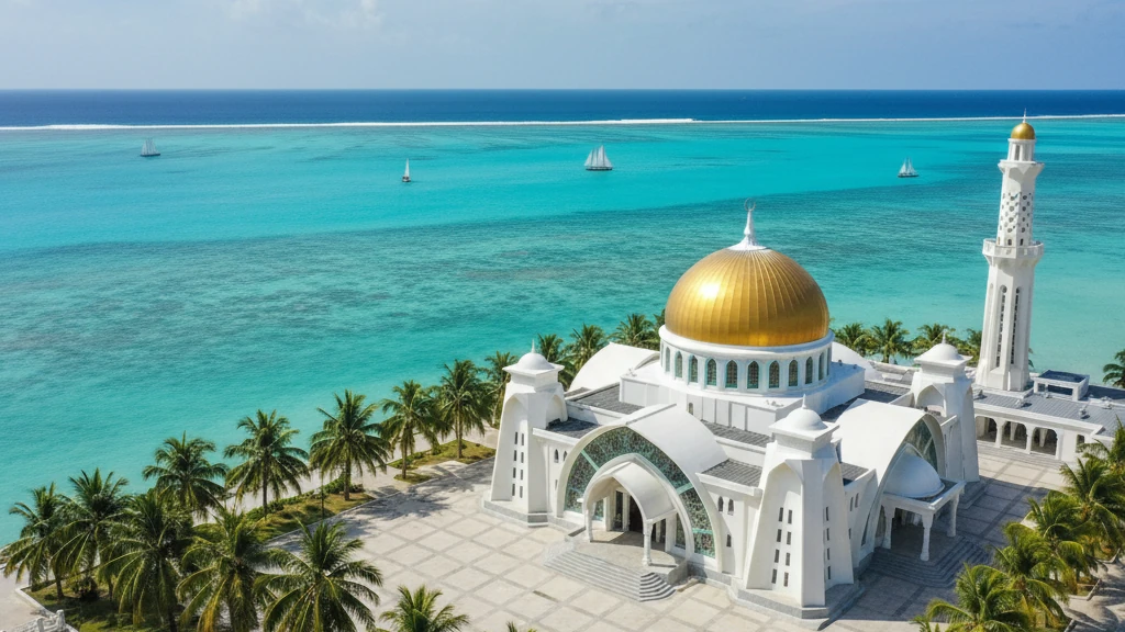 Malé's Grand Friday Mosque with golden dome gleaming against turquoise Indian Ocean waters.