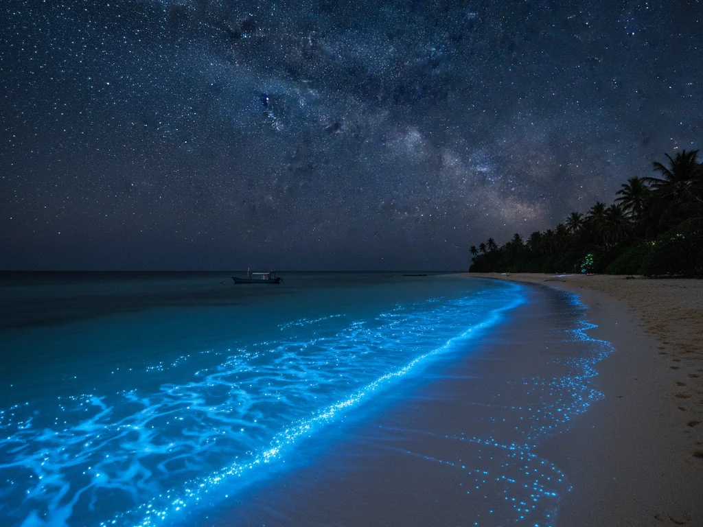 Vaadhoo Island's bioluminescent beach glowing electric blue under starlit tropical night sky.
