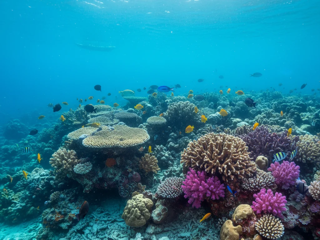 HP Reef's vibrant coral gardens teeming with tropical fish in crystal clear waters.