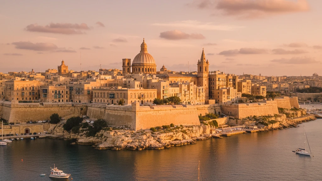 Golden sandstone walls and baroque domes of Valletta's Grand Harbour at sunset.