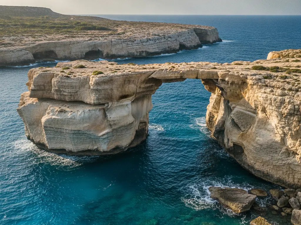 Azure Window's dramatic limestone arch rising from turquoise Mediterranean waters at Dwejra Bay.