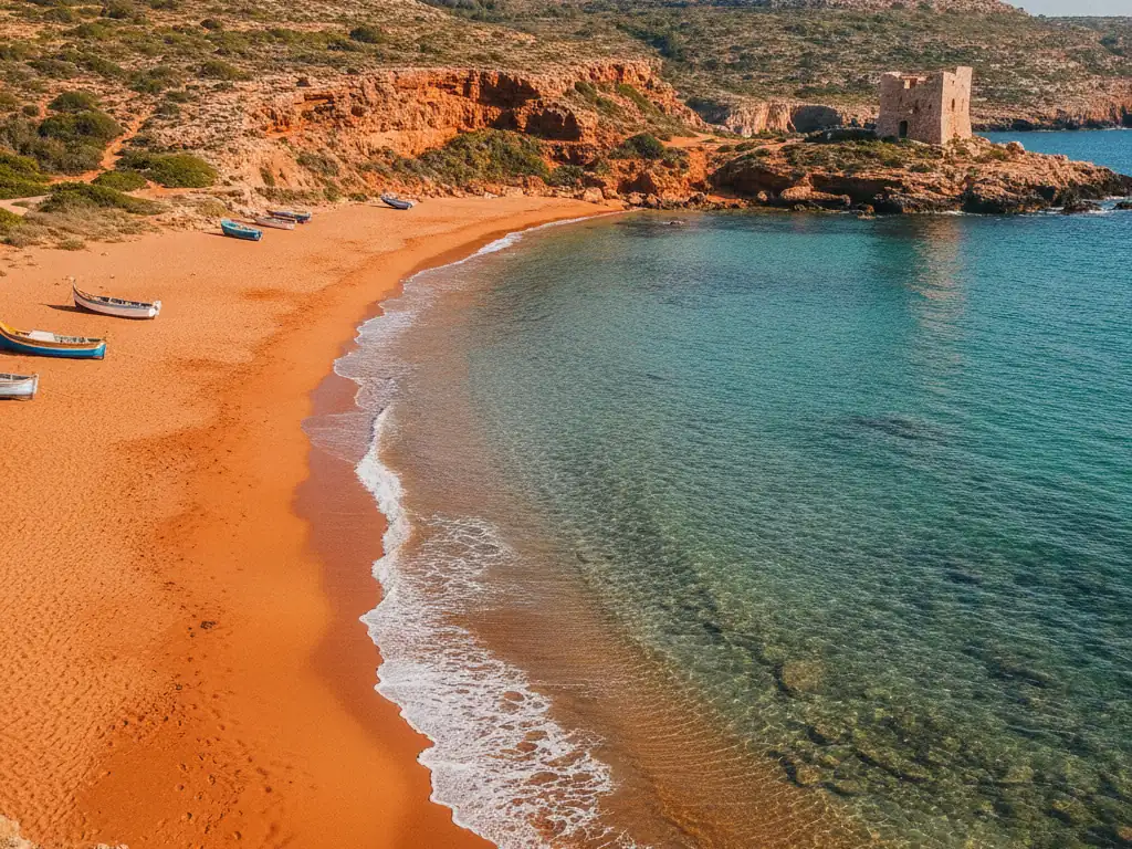 Crystal-clear blue waters and red sand at Ramla Bay beach, Gozo island.