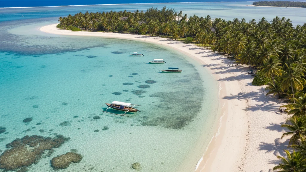 Ile aux Cerfs island white sandy beaches surrounded by crystal clear shallow lagoon.