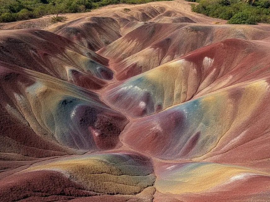 Chamarel Seven Coloured Earth dunes displaying red, brown, violet, green, blue, purple, yellow sands.