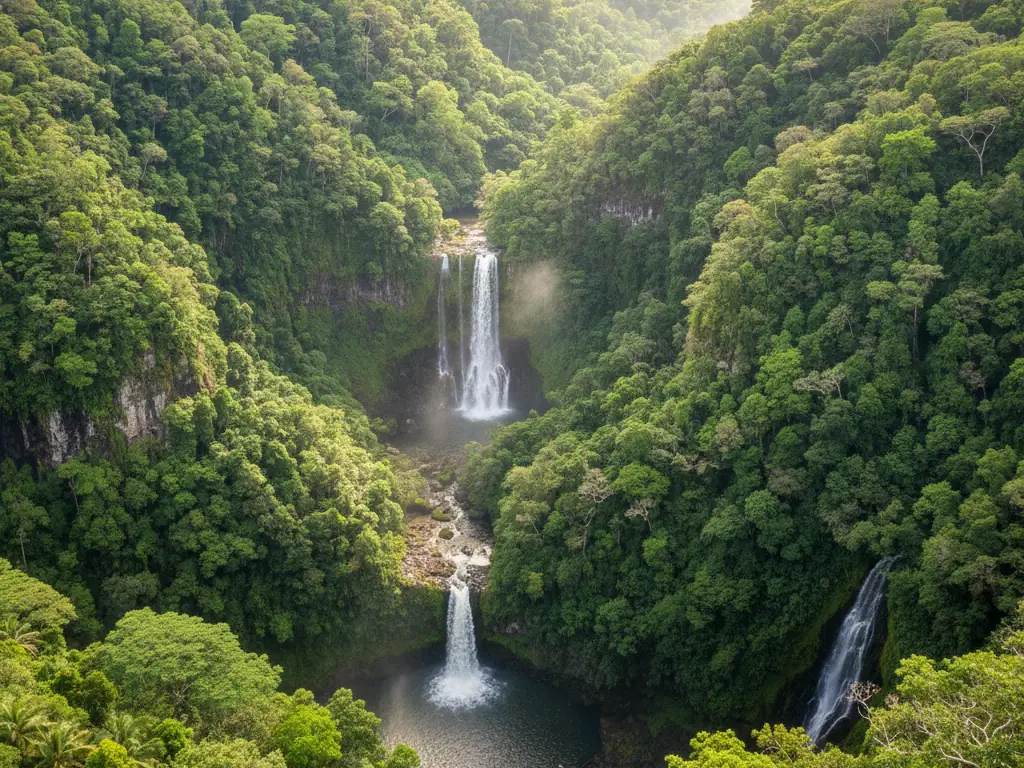 Black River Gorges National Park dense tropical forest canopy with waterfalls and endemic trees.