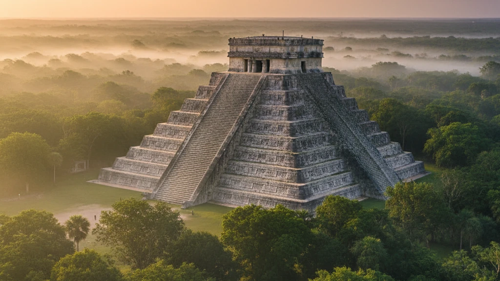 Chichen Itza pyramid rising above jungle canopy at golden hour in Yucatan.