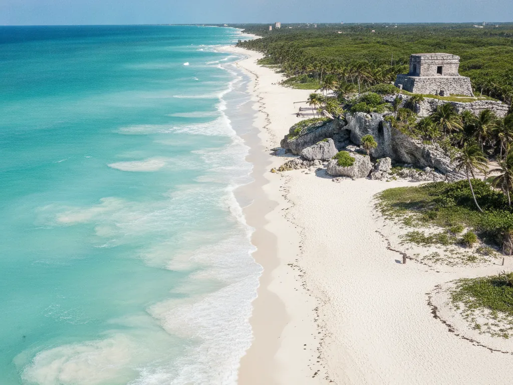 Turquoise waters and white sand beaches of Tulum's Caribbean coastline.