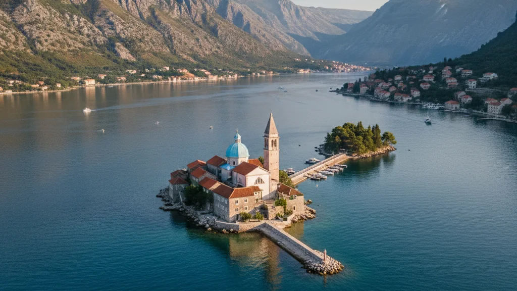 Perast's Our Lady of the Rocks church sitting on small artificial island.