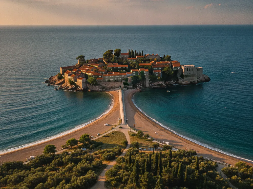 Sveti Stefan island fortress connected to mainland by narrow sandy causeway.