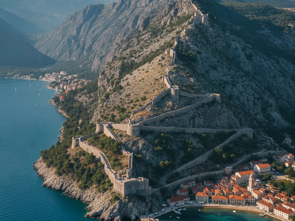 Kotor Bay's medieval stone walls climbing steep mountains above blue Adriatic waters.