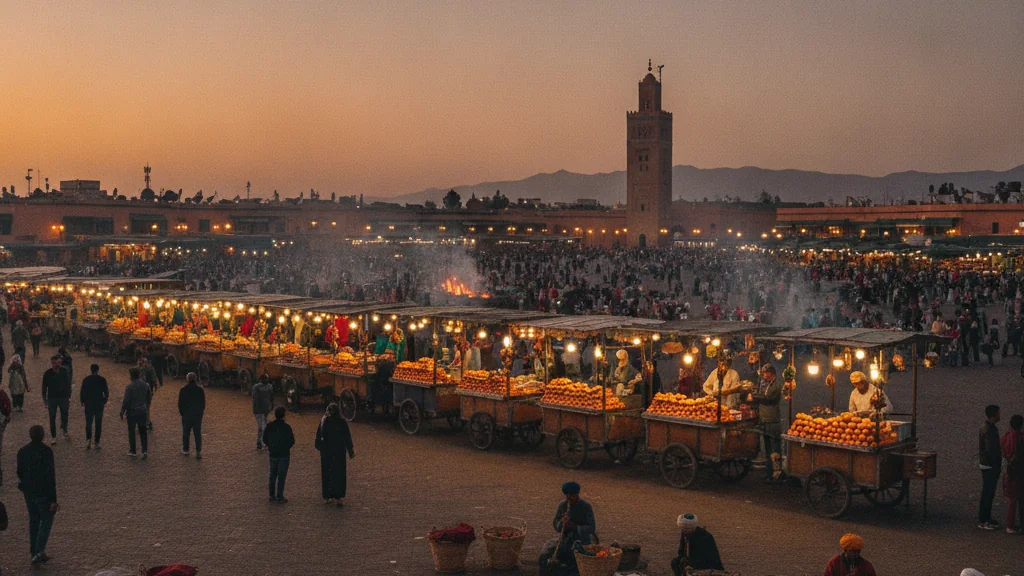 Jemaa el-Fna square at dusk with food stalls, orange juice vendors, snake charmers' baskets.