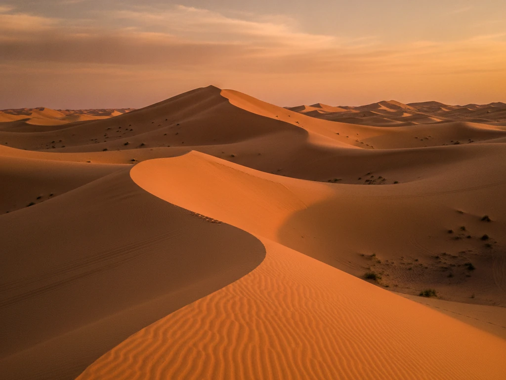 Golden sand dunes stretching endlessly across Erg Chebbi desert near Merzouga at sunset.