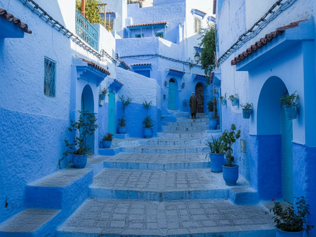 Blue-washed buildings and narrow winding alleyways cascading down slopes of Chefchaouen medina.