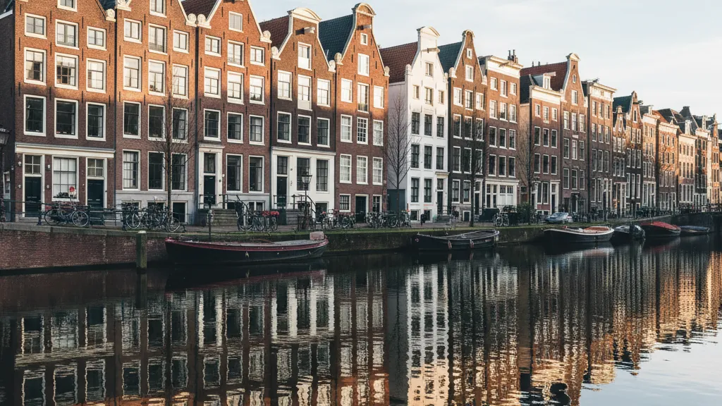 Canal houses with gabled facades reflecting in Amsterdam's Herengracht canal water