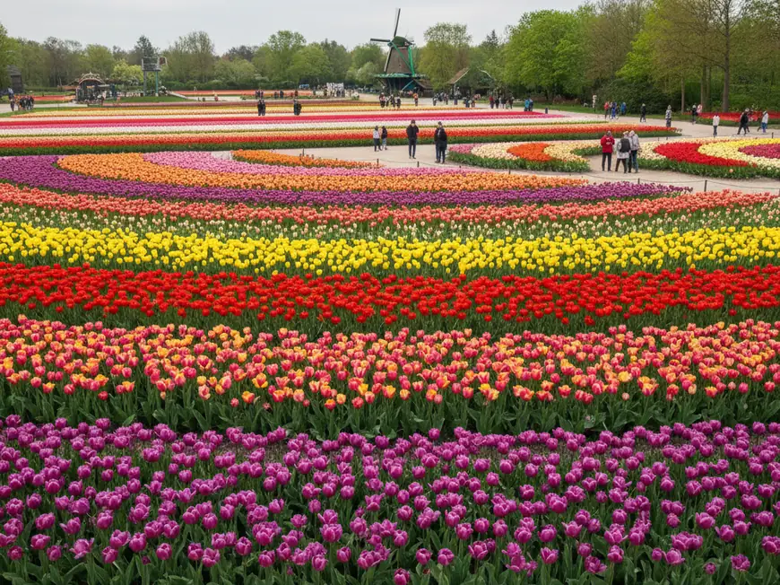 Colorful tulip fields blooming in vibrant rows at Keukenhof Gardens in spring