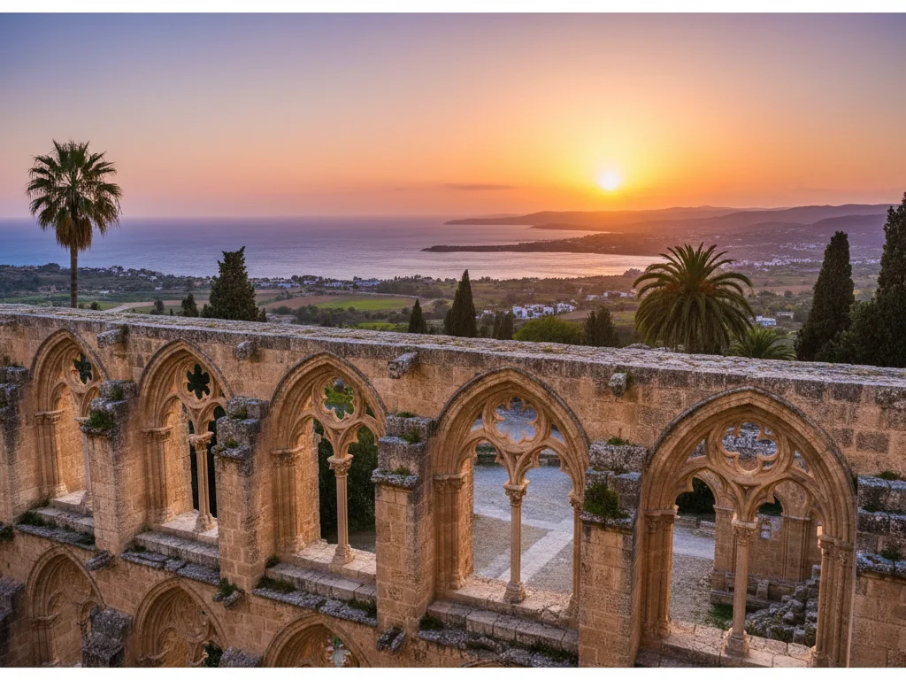 Bellapais Abbey stone arches and Gothic cloisters overlooking Mediterranean coastline at sunset.