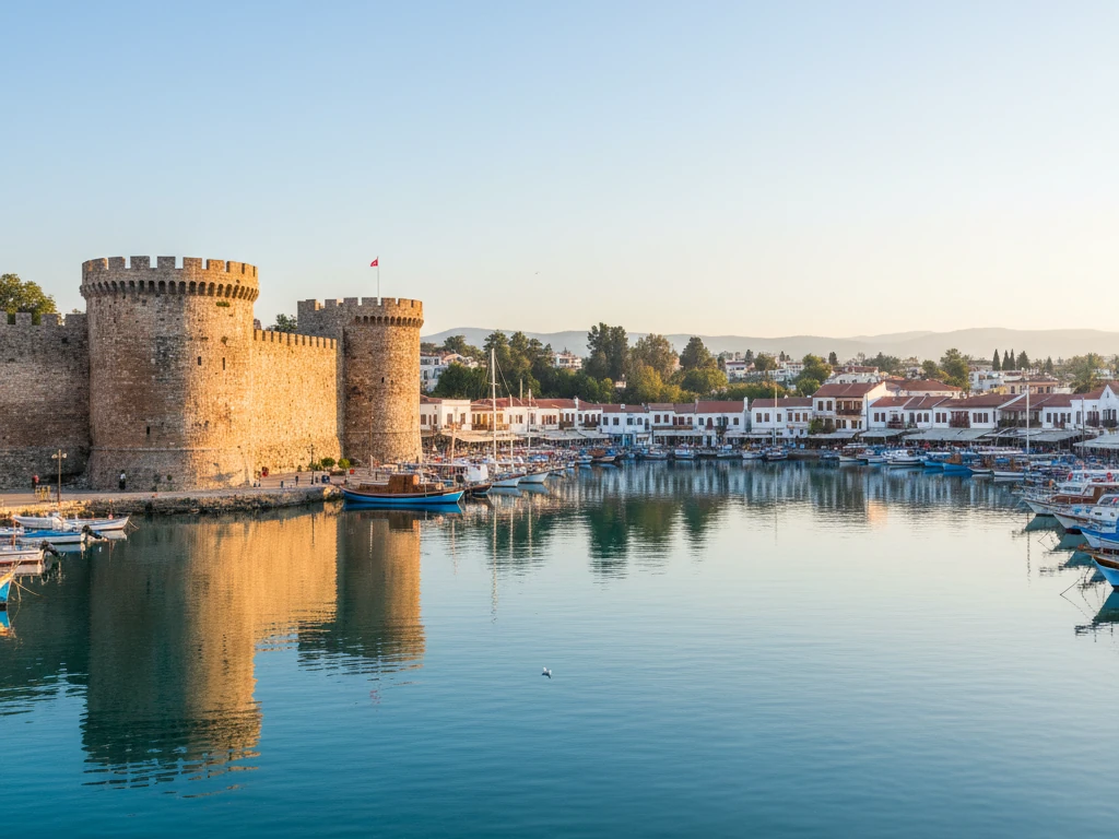 Kyrenia Harbor horseshoe bay with historic castle walls reflecting in calm waters.