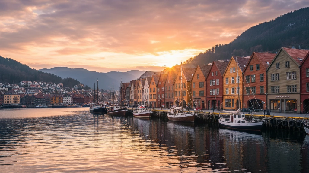 Bryggen's colorful wooden Hanseatic buildings lining Bergen's historic harbor waterfront at sunset.