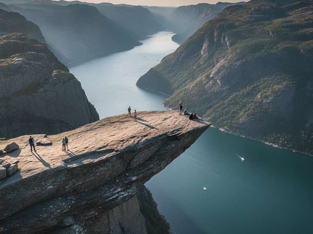 Preikestolen's flat cliff edge suspended six hundred meters above Lysefjord's waters.