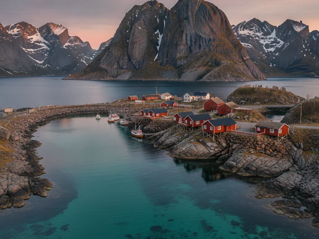 Lofoten Islands' red fishing cabins dotting dramatic coastal mountains and turquoise bays.