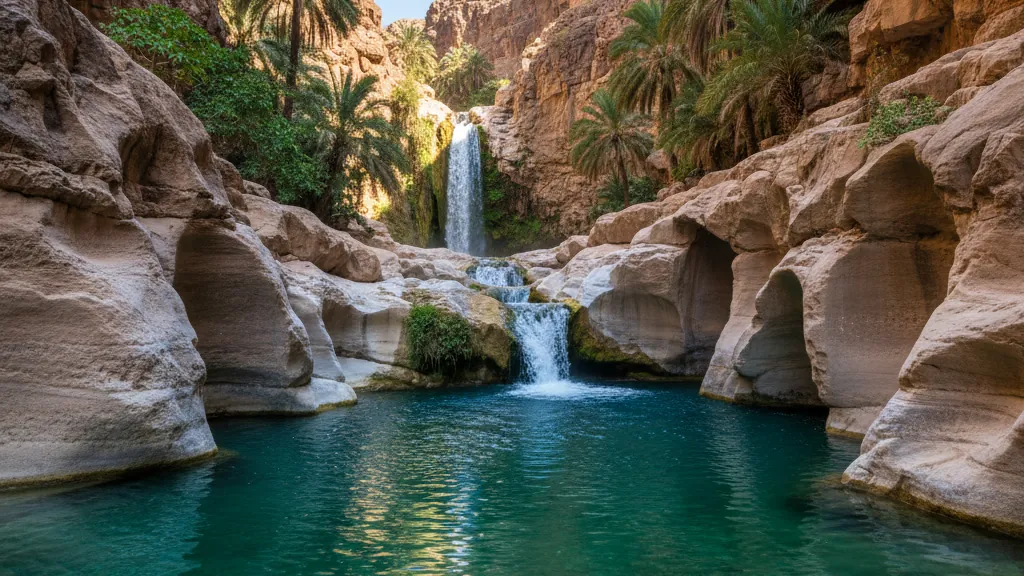 Wadi Shab's turquoise pools and narrow canyon walls with waterfall at the end.