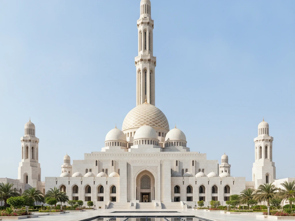 Sultan Qaboos Grand Mosque with white marble domes and golden central minaret gleaming.