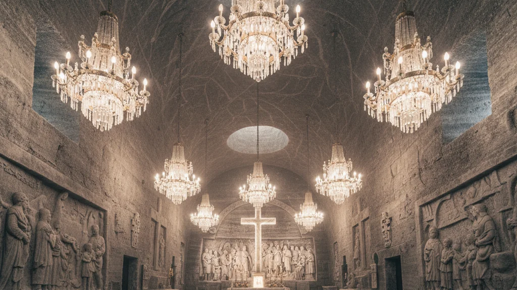 Wieliczka Salt Mine's underground chapel with chandeliers carved entirely from salt crystals.