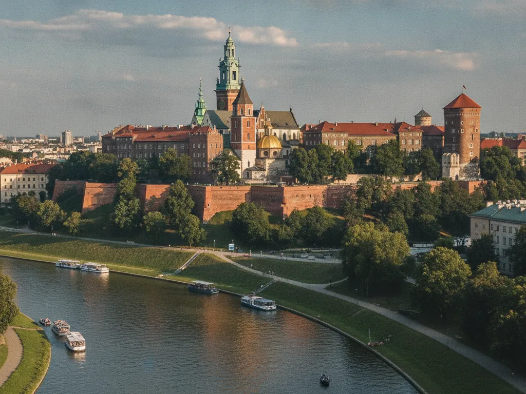 Wawel Castle's red brick towers and golden dome rising above the Vistula River in Kraków.