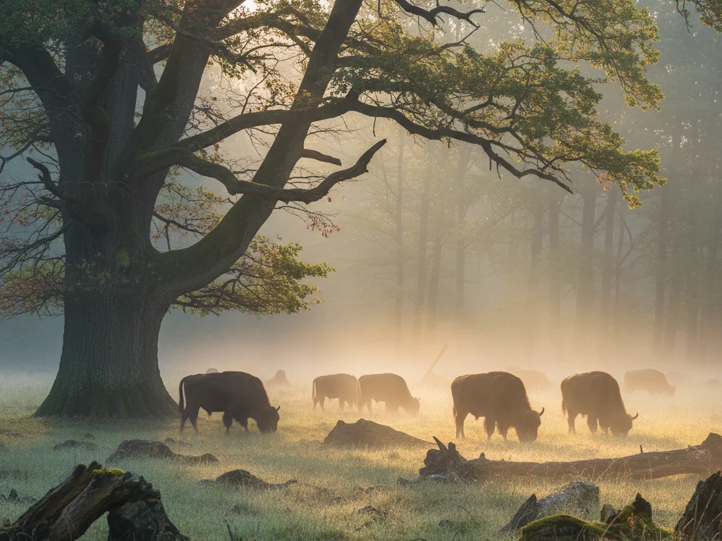 Białowieża Forest's ancient oak trees and European bison grazing in misty morning light.