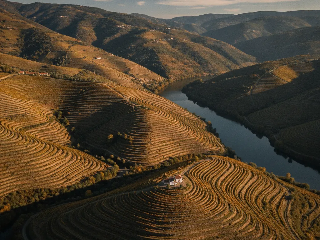 Douro Valley's terraced vineyards cascading down steep hillsides toward the winding river.