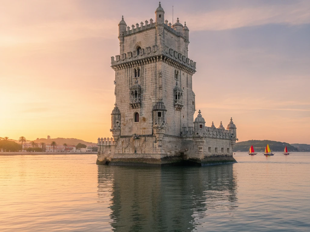 Belém Tower standing in the Tagus River with Manueline architecture details at sunrise.