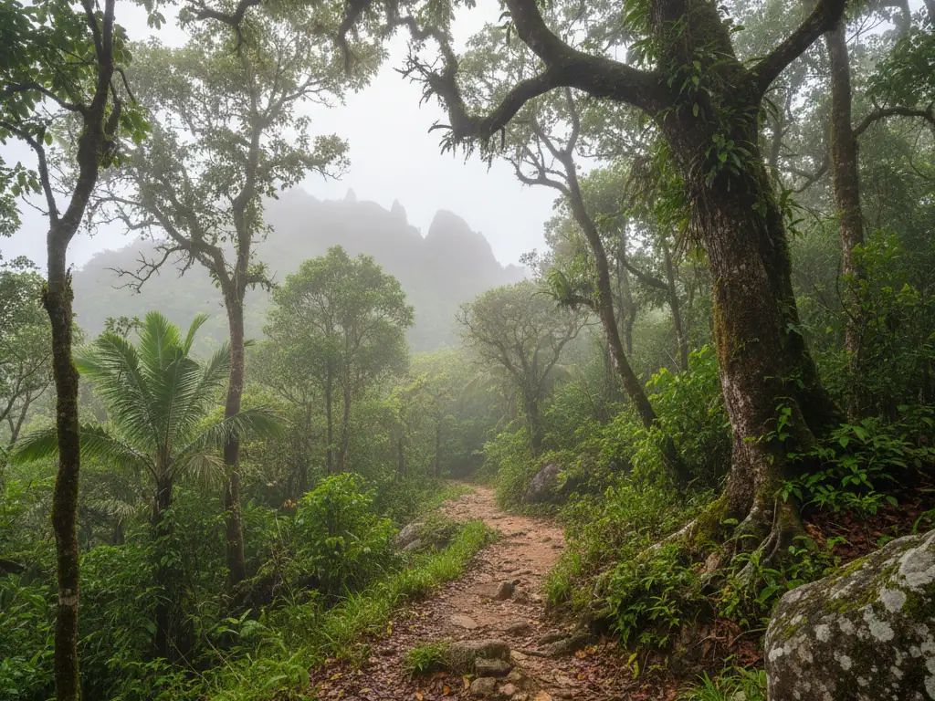Morne Seychellois National Park misty rainforest trails through mountainous terrain and endemic vegetation.
