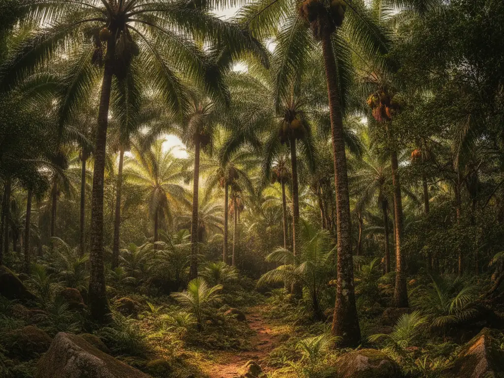 Vallée de Mai palm forest with ancient coco de mer palms on Praslin Island.
