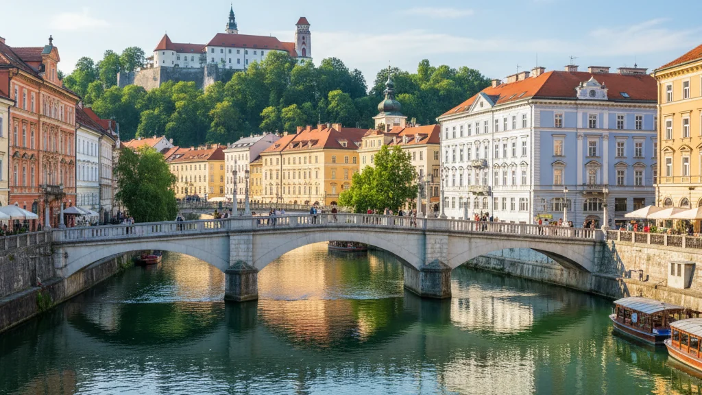 Ljubljana's Triple Bridge spanning emerald Ljubljanica River with colorful baroque buildings and castle above.