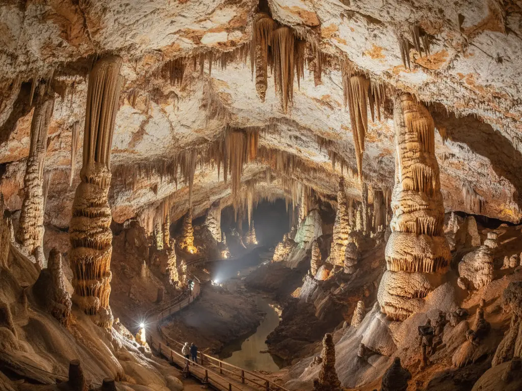 Postojna Cave's vast underground chambers with spectacular stalactites, stalagmites, and illuminated limestone formations.
